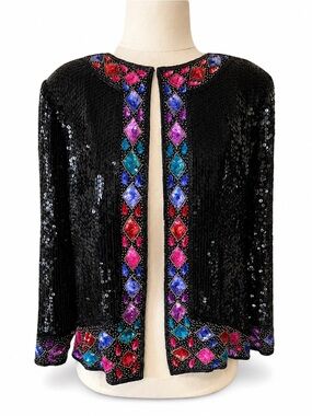 Stenay Silk Sequin Beaded Jacket Black Jewel Embellished Evening Blazer Large